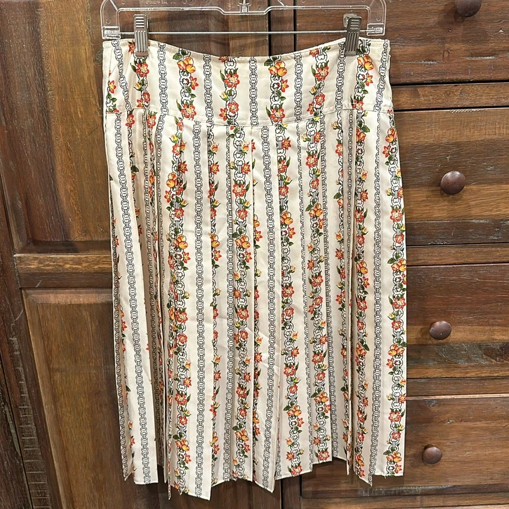 Tory Burch Cream Floral Stripe Pleated Midi Skirt